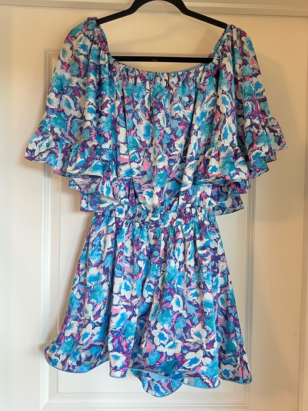 Free the Roses Multicolor Floral Off-Shoulder Romper in Blue & Purple Sz M NWOT